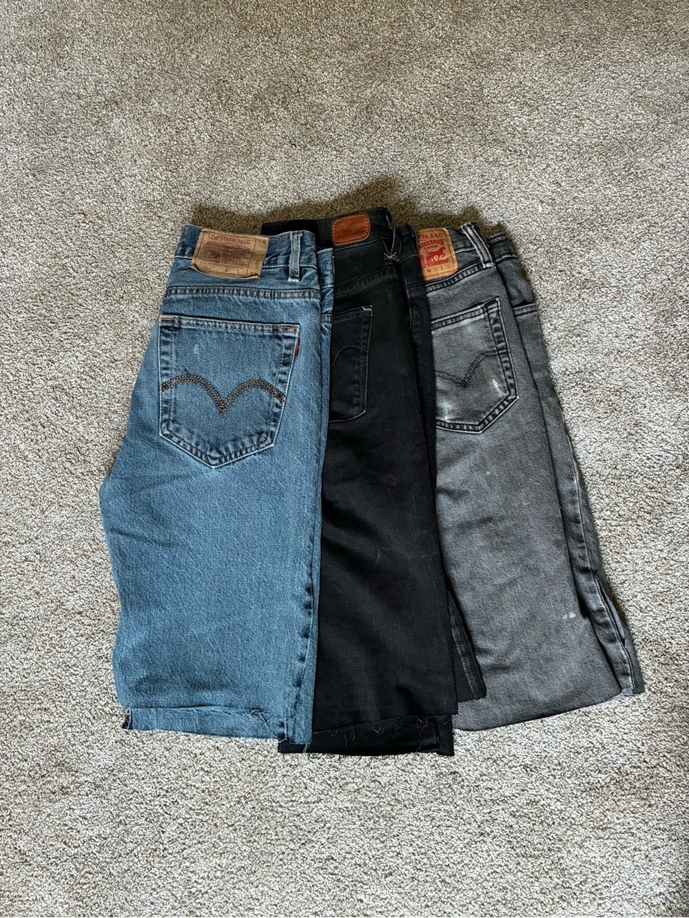 Levi's Denim Knee Length Boho Short — Blue, Black & Gray. Large, Medium, Large.